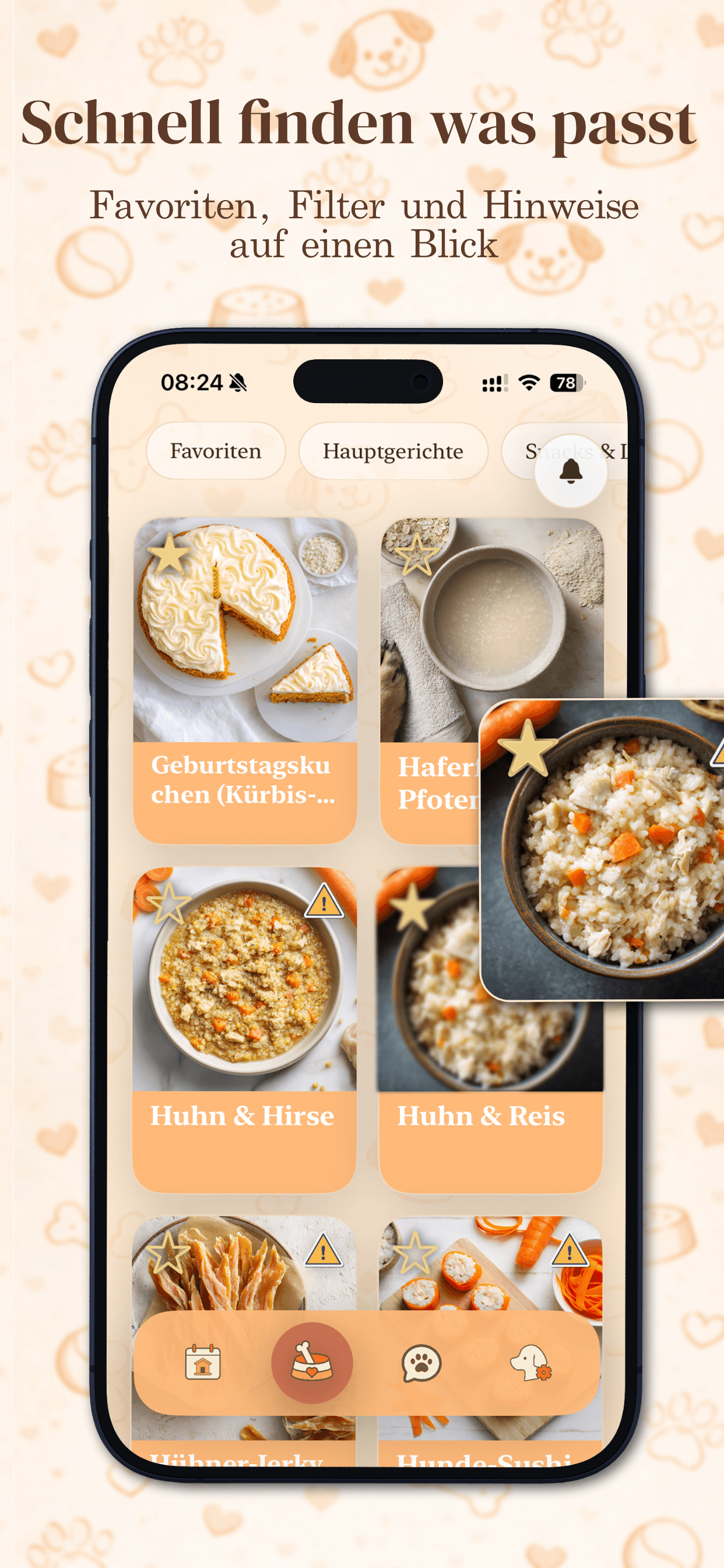 DoggoMeal App-Store-Slide mit Filteransicht für passende Rezepte.