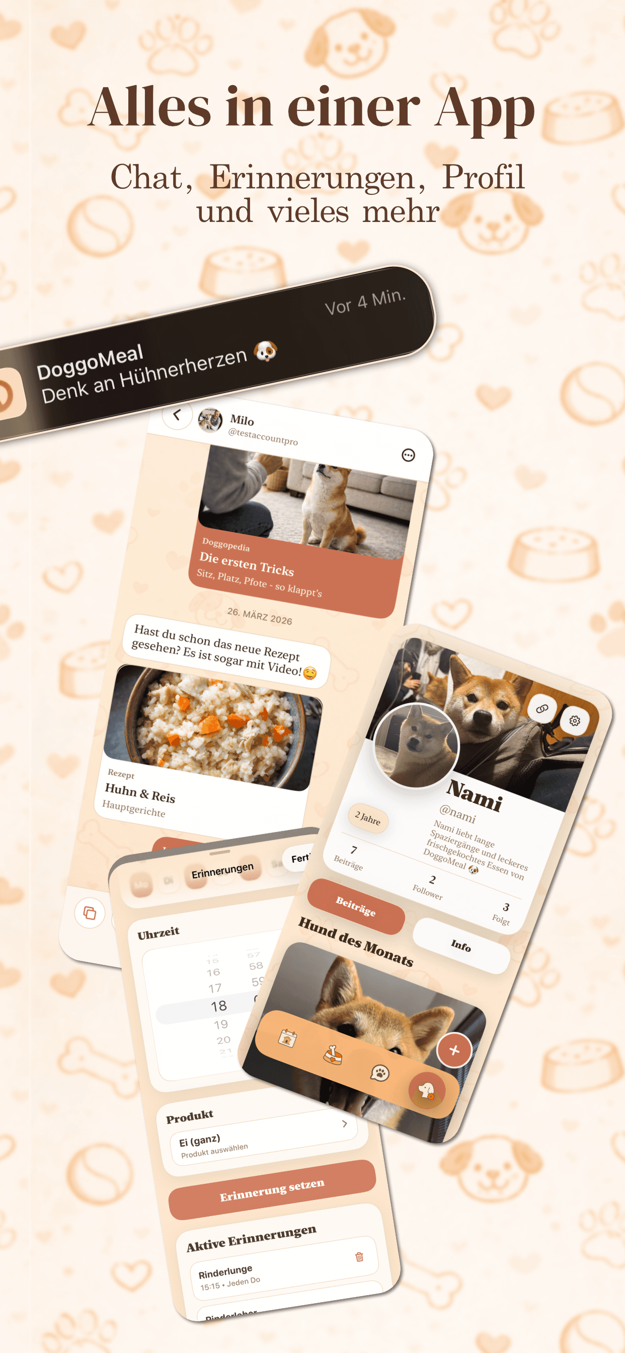 DoggoMeal App-Store-Slide mit Chat, Profil und Erinnerungen in einer Collage.